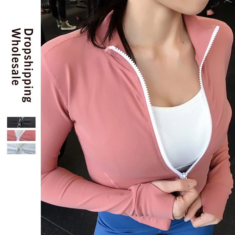 Women's Slim Zipper Sports Gym Crop Tops