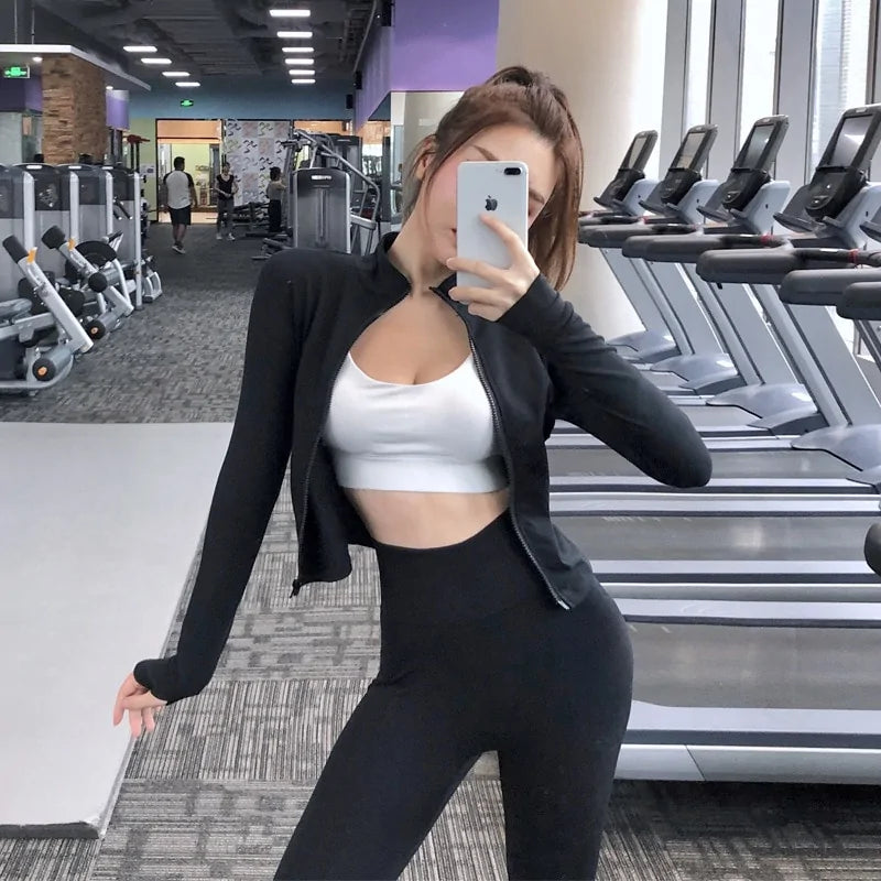 Women's Slim Zipper Sports Gym Crop Tops